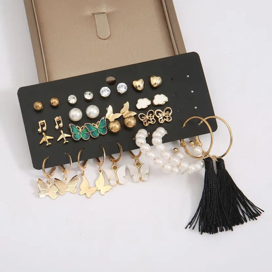 17 Pair Black Hoop and Stud Alloy Earring Set