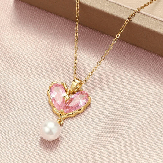 Heart & Pearl Pendant with Chain (Pink)
